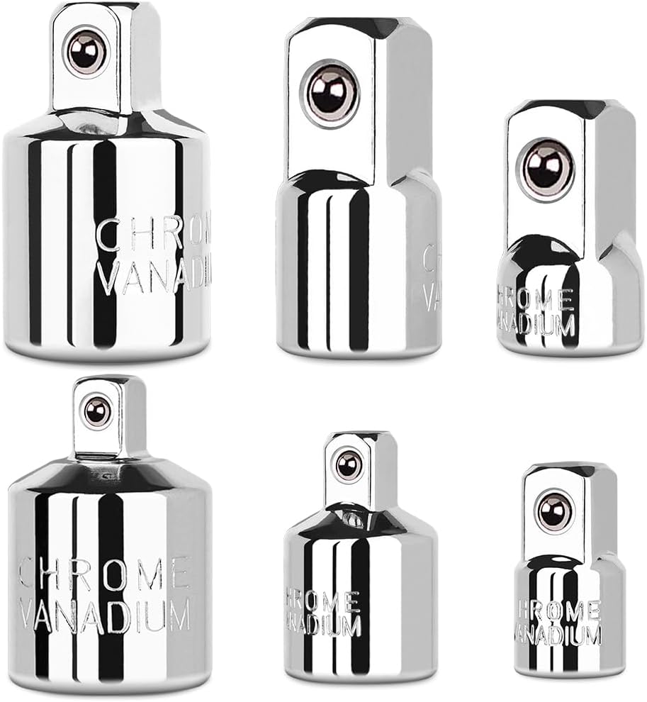 6 Piece Socket Adapter and Reducer Set. 1/4. 3/8. 1/2 Chrome Vanadium Steel Ratchet/Socket Extension/Conversion Kit for Automotive Maintenance