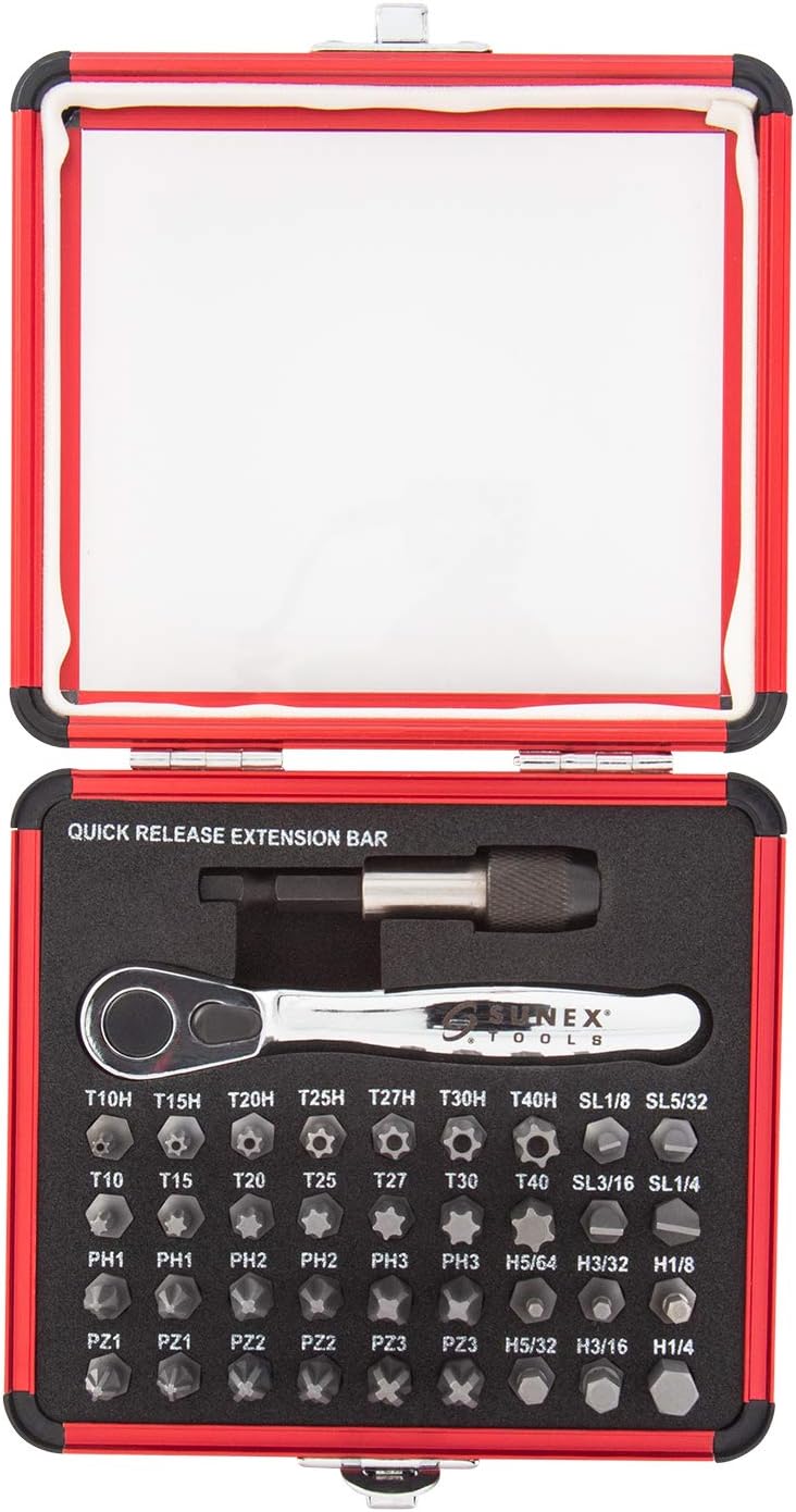 Sunex 9726 Mini Ratchet and Bit Set. 1/8-Inch - 1/4-Inch S2 Bits. 5/64-Inch - 1/4-Inch hex bits. 38-Piece Silver