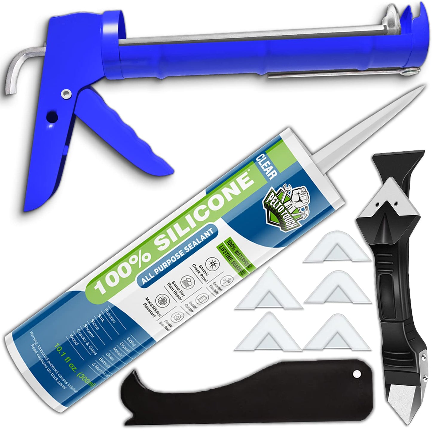 Clear Silicone Sealant + Caulk Gun + Caulking Tool Kit - All-Purpose 100% Silicone Caulk (10 oz Tube). with No-Drip Gun. 3-in-1 Scraper/Smoothing Tool. Caulk Removal Tool.