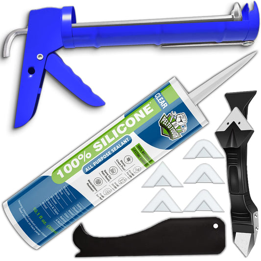 Clear Silicone Sealant + Caulk Gun + Caulking Tool Kit - All-Purpose 100% Silicone Caulk (10 oz Tube). with No-Drip Gun. 3-in-1 Scraper/Smoothing Tool. Caulk Removal Tool.