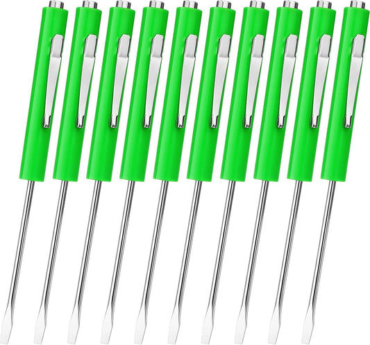 Honoson 10 Pieces Pocket Screwdriver Mini Tops and Pocket Clips Magnetic Slotted Small Screw Driver with a Single Blade Head for Mechanical. Electrician(Green)
