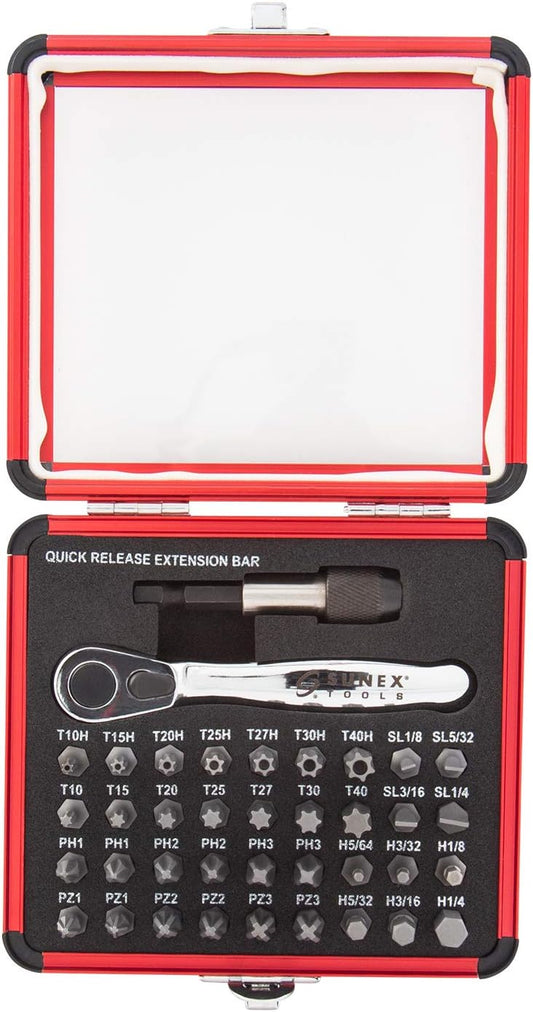Sunex 9726 Mini Ratchet and Bit Set. 1/8-Inch - 1/4-Inch S2 Bits. 5/64-Inch - 1/4-Inch hex bits. 38-Piece Silver