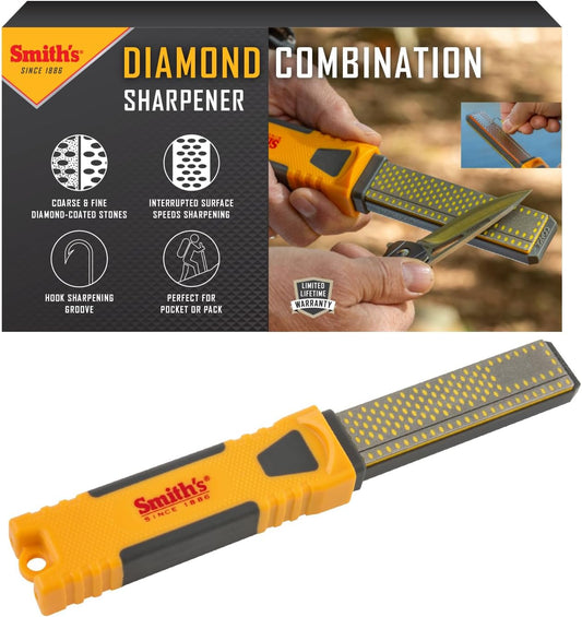 Smith's DCS4 4 Diamond Combination Sharpener - Double Sided Stone - Outdoor Field Knife Sharpener - Fish Hook & Pointed Tools Micro Sharpener - Lightweight. Compact. Handheld