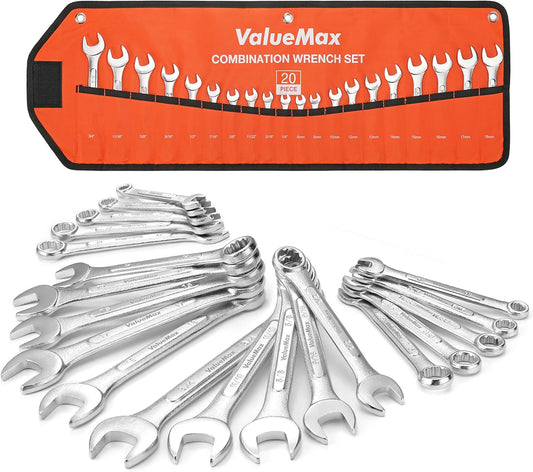 ValueMax Mechanics Wrench Set Metric and Standard. 20PCS Complete Combination Wrenches Roll Set. SAE 1/4 to 3/4. Metric 6mm to 18mm. Full Wrench Set with Roll up Pouch